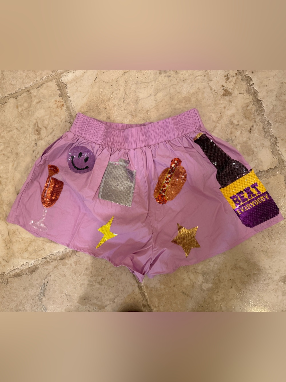 QUEEN OF SPARKLES Lavender Sequin Patchwork Shorts